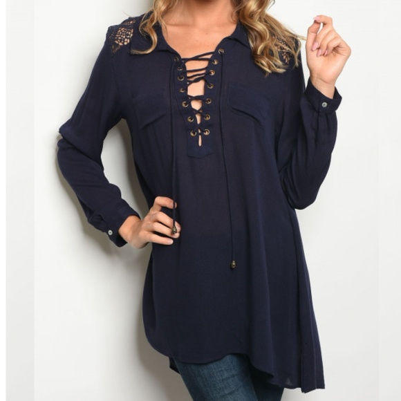 C.C. Boutique Tops - Navy Lace Up Longsleeve Crochet Back Collar Tunic